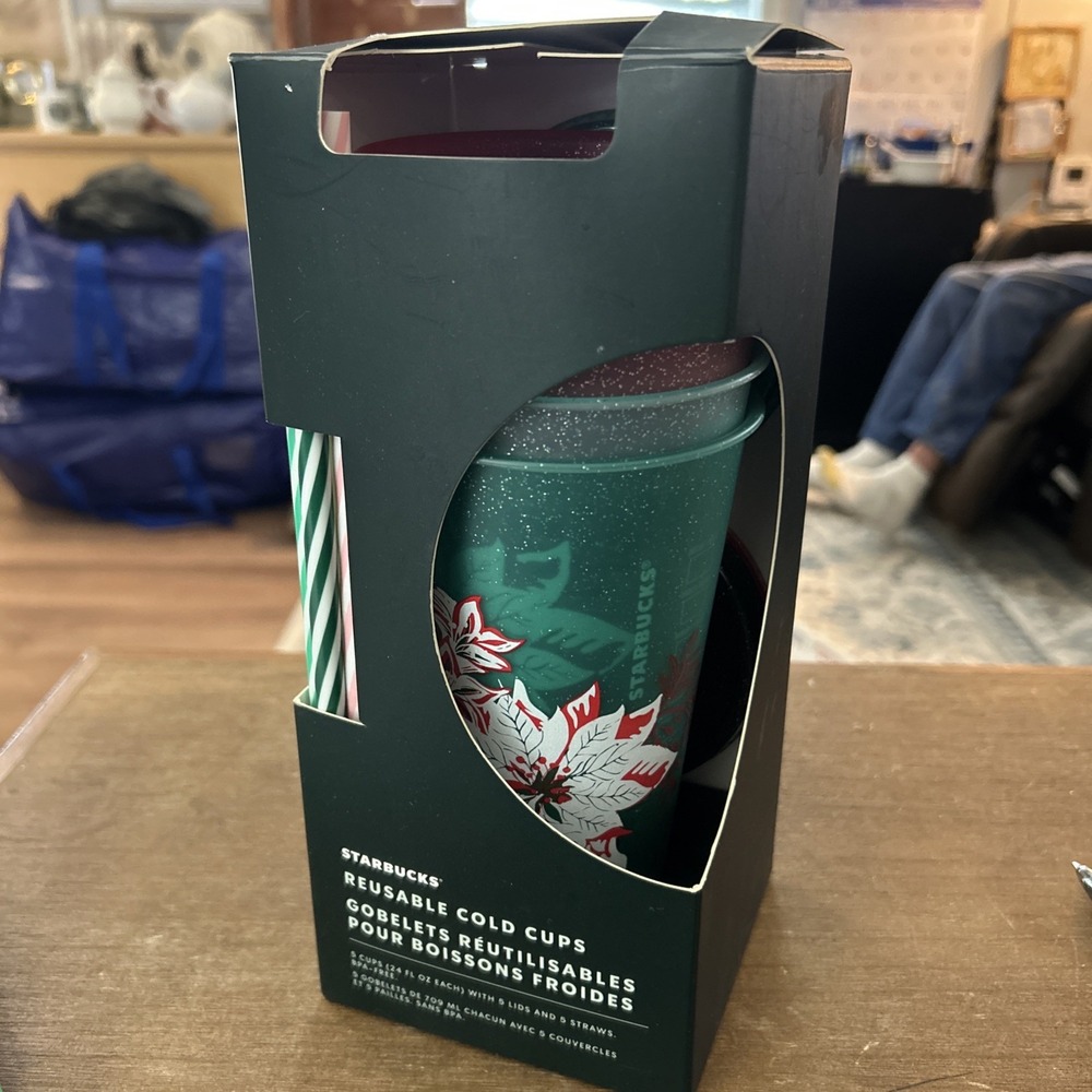 Starbucks Reusable 24oz Cold Cups w/‎ Straws & Lids 2019 Holiday Festive 5 Pack